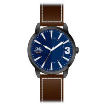   Ceas bărbătesc Q&Q quartz, carcasă neagră, curea maro, cadran albastru QA98J522Y