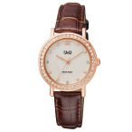   Ceas damă Q&Q quartz, carcasă culoare rosegold, curea maro, cadran argintiu QB45J111Y