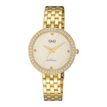   Ceas damă Q&Q fashion, quartz, carcasă și brățară aurie, cadran auriu QZ27J001Y