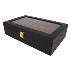   Óratartó doboz, 12 db karórához, kívül fekete színű festett fa felület, belül barna textil borítás