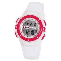   Ceas de damă Tiko Time, material plastic, mecanism quartz, culoare ciclamă, cu alb, afisaj LCD